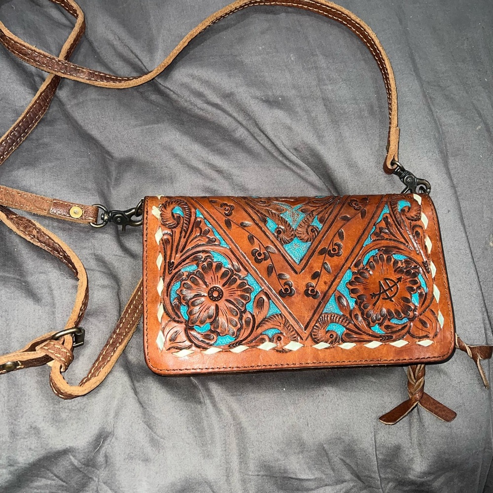 Turquoise and leather American darling crossbody